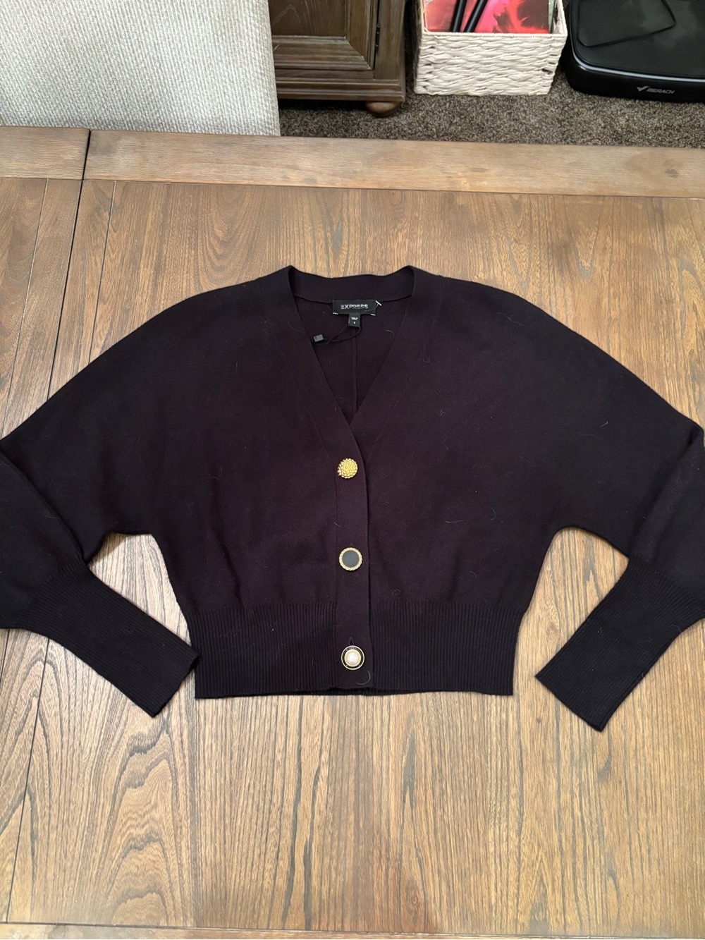 Express Black Cropped V-Neck Cardigan with Gold Buttons
